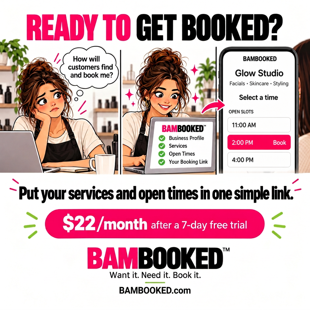 BAMBOOKED™ ad for a beauty studio showing a phone screen with Select a time, the open times, and a tapped time.