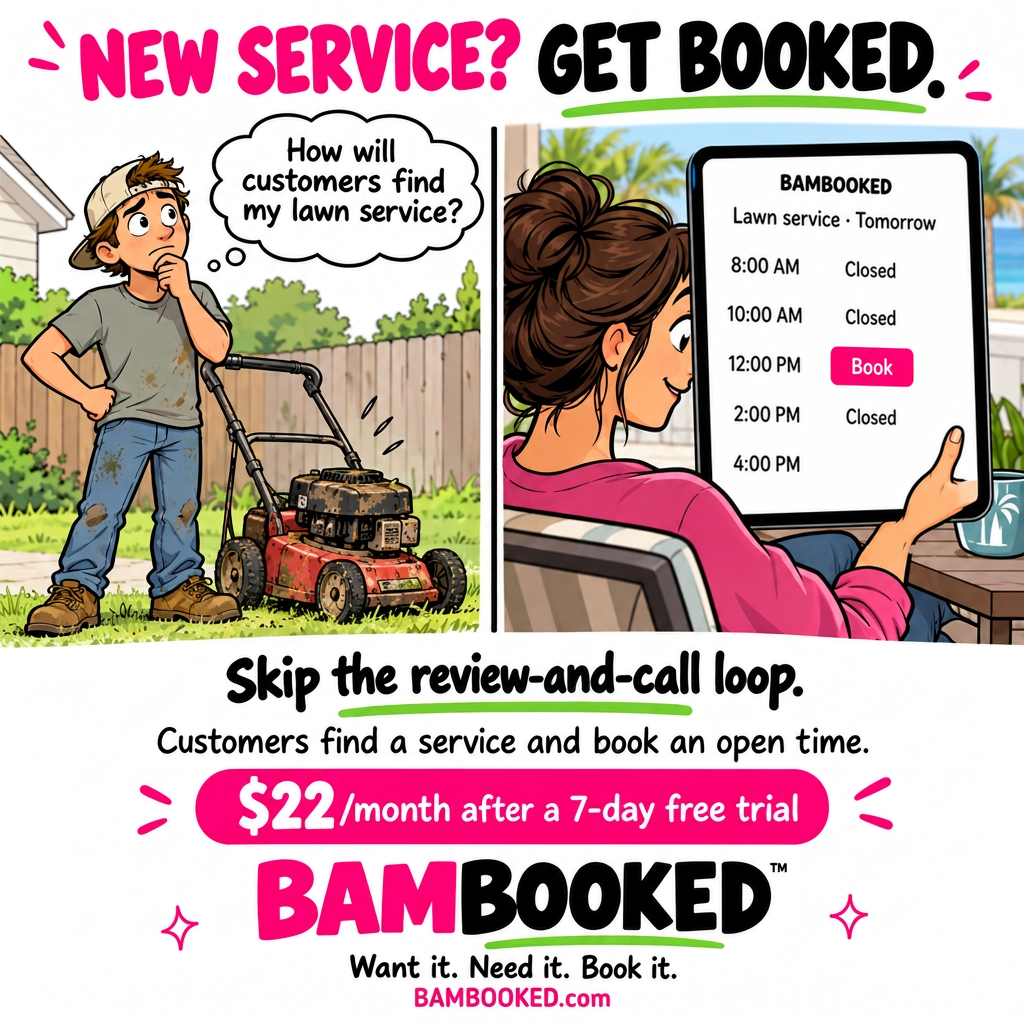 BAMBOOKED™ comic-style ad for a new lawn service, with a customer booking an open noon appointment on a tablet.
