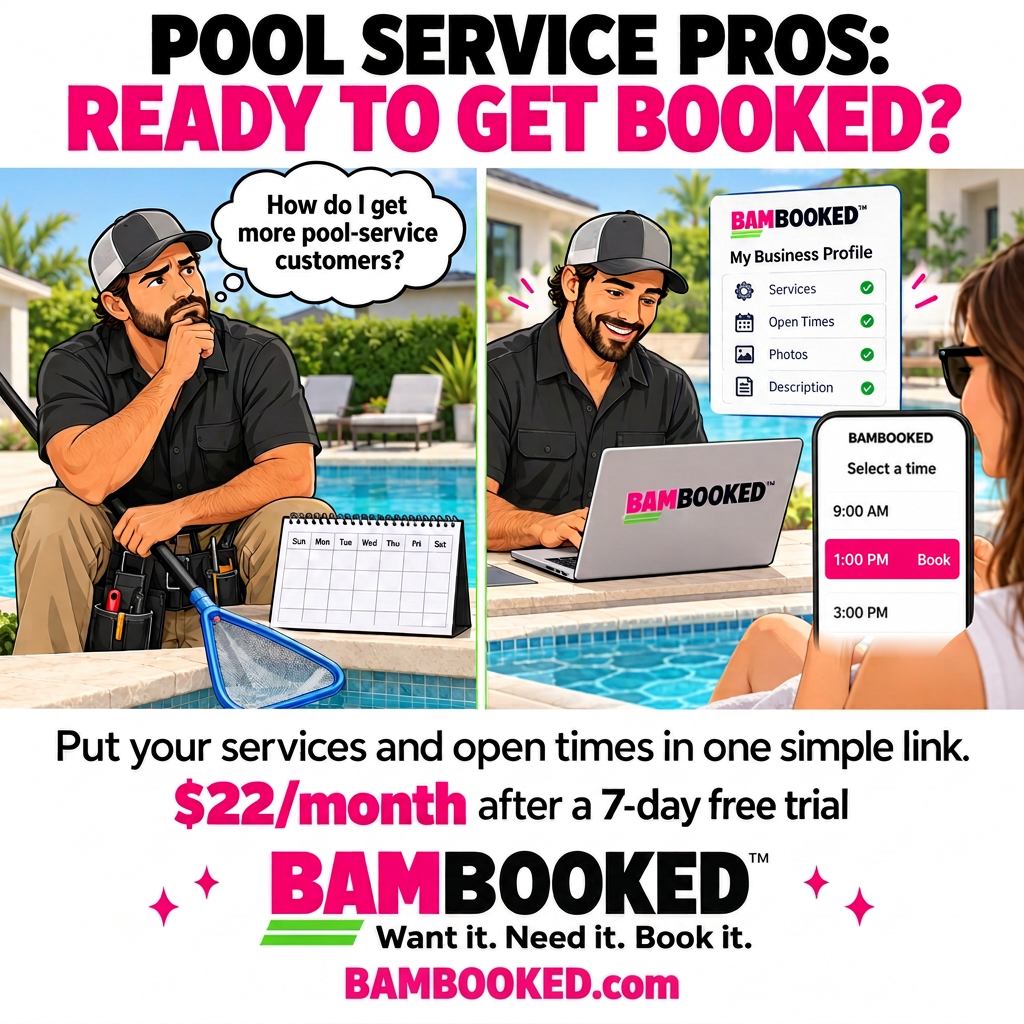 BAMBOOKED™ ad showing a pool service owner with an empty calendar on the left and a booked schedule with a customer picking a time on the right.